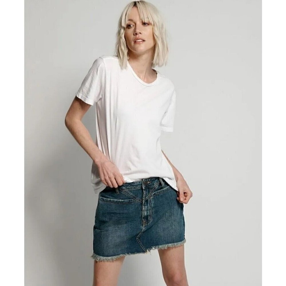 New One Teaspoon Denim Trucker Mini Skirt Womens 27 Dirty Indigo Mid Waist Blue